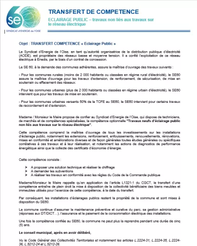 Transfert de compétence en EP NON LIES aux travaux sur réseaux électriques
