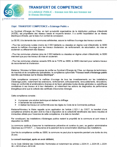 Transfert de compétence en EP NON LIES aux travaux sur réseaux électriques